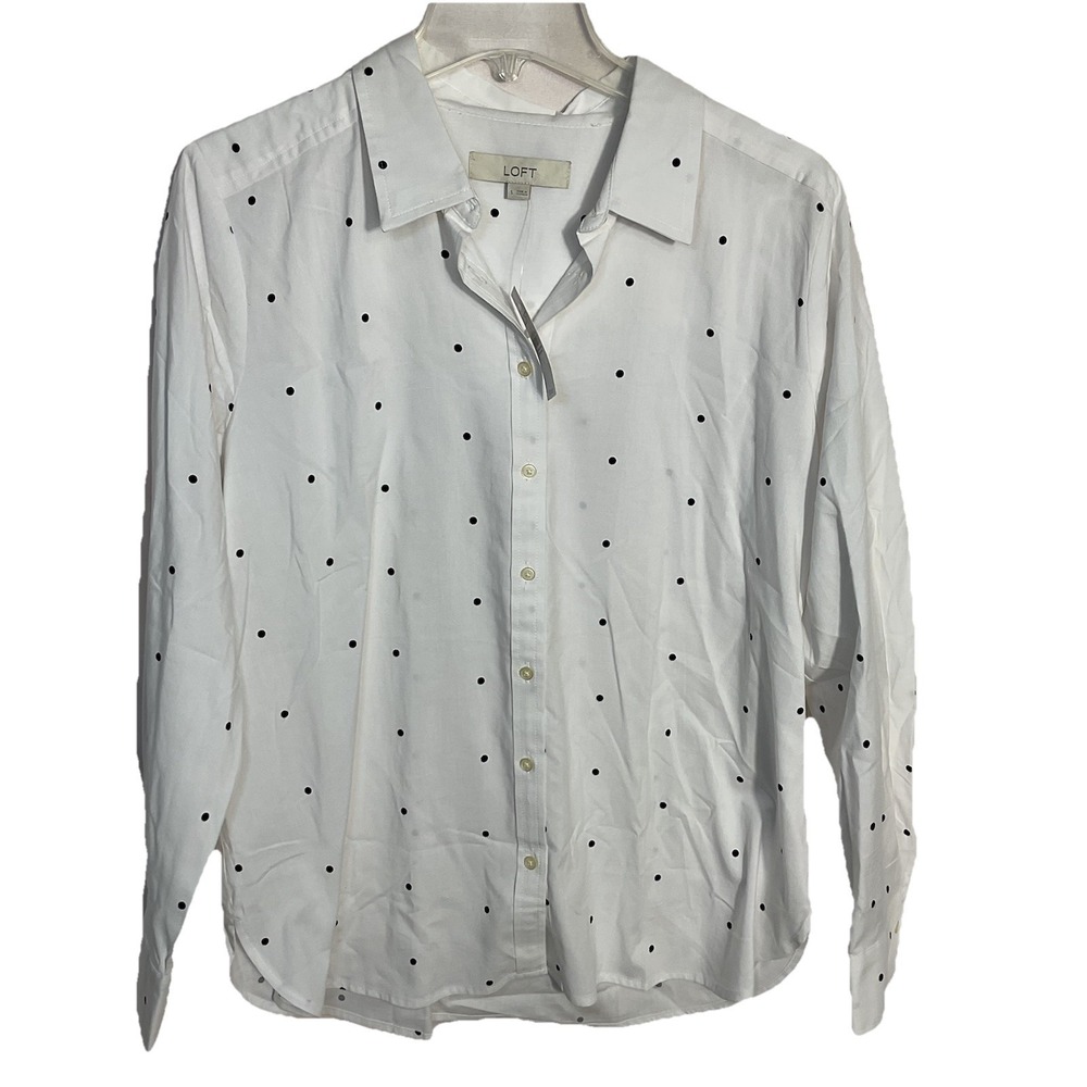 LOFT NWT White Button Blouse Black Polka Dots $74 MSRP untucked Casual Business